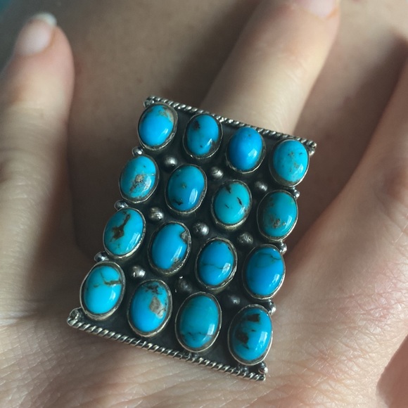 Turquoise In Rows Rectangle Statement Ring  Adjustable Sterling Silver Ring - Picture 2 of 4